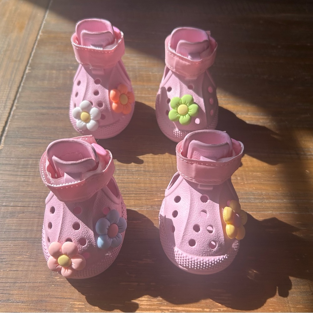 Pink Dog Crocs Style Sandals w/ Flower Charms — Adjustable Pet Shoes, Small Dog - Picture 2 of 6